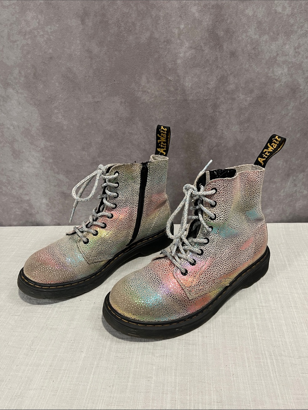Iridescent Rainbow Lace-Up Dr Doc Marten boots size 3